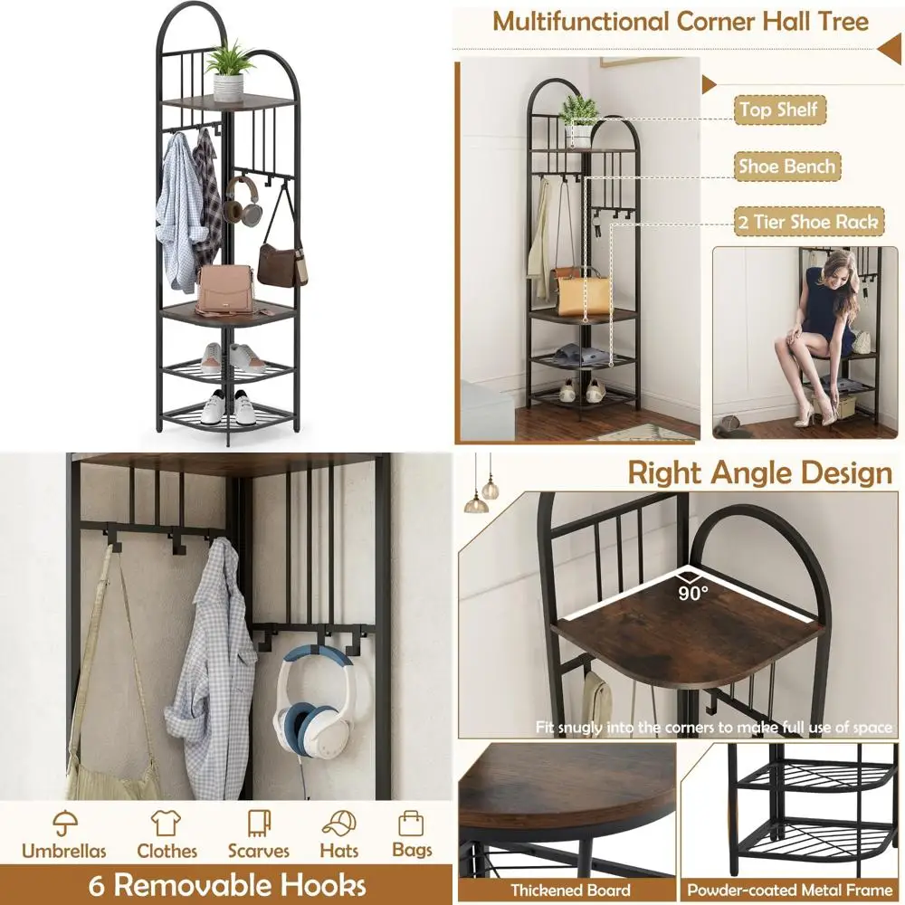 

Corner Hall Tree with Shoe Storage Bench, 71 Tall, 6 Hooks, 4-Tier Entryway Shoe Organizer, Space-Saving Fr