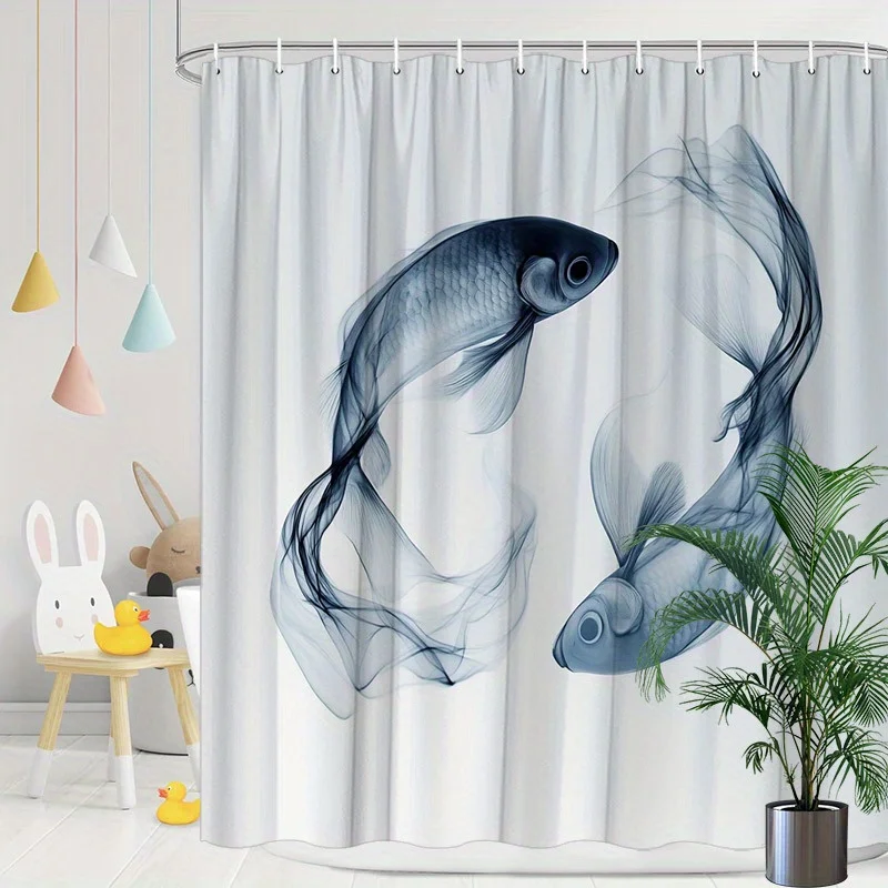

1pc Abstract fish art pattern shower curtain, polyester fabric, machine washable, with hooks, suitable for bathroom decoration