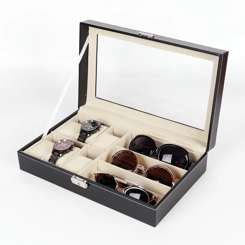 WellZone Hot Sale Household PU/Wooden Multiple 6+3 Watch/Sunglasses/Glasses/Jewelry/Ear Stud/Ring Storage Box For Gift