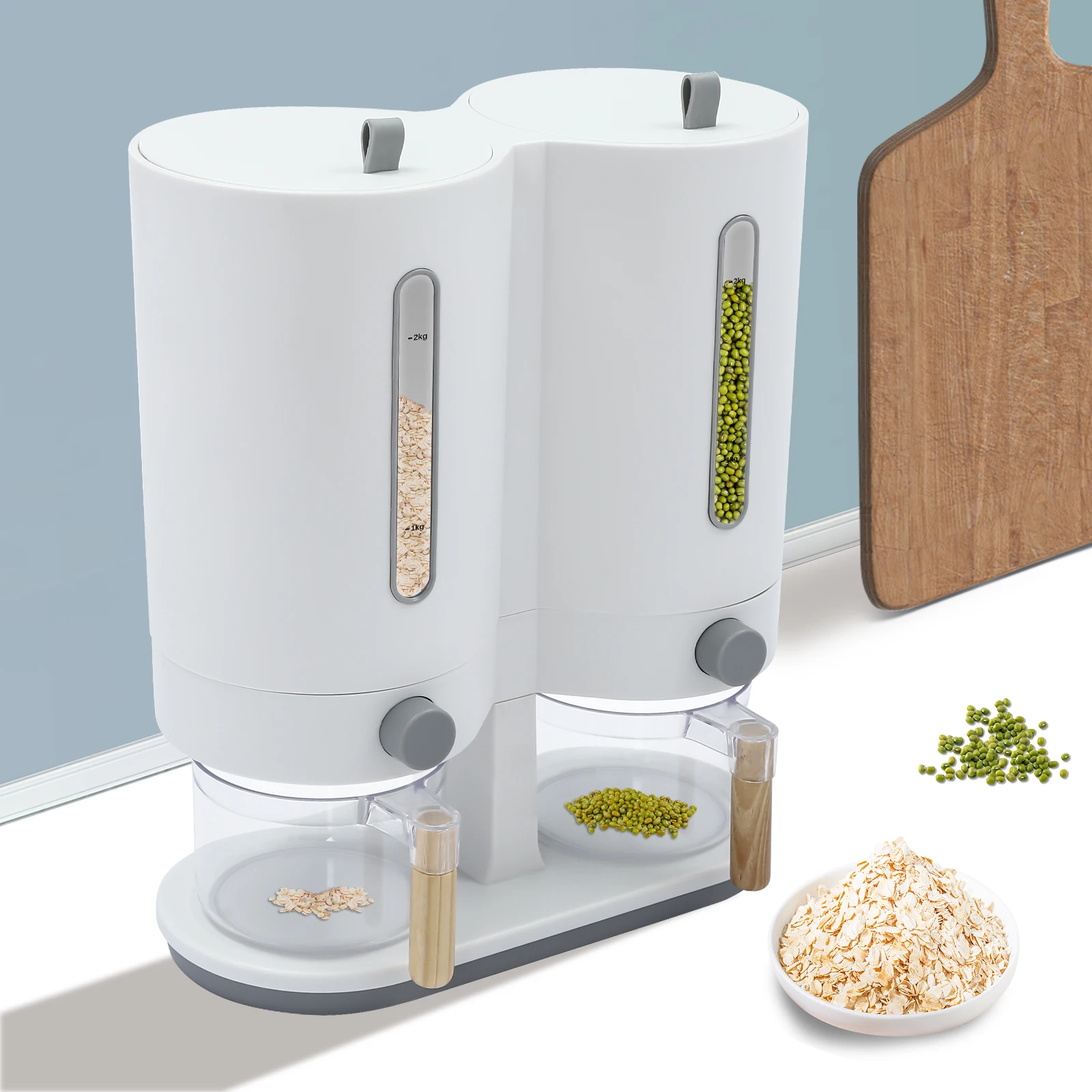 

White Grey Round Rice Dispenser,Dual Rice Dispenser with Two Measuring Cups 30.5*15*36cm Free-standing for Kitchens,Restaurants