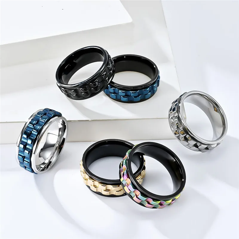 

8mm Mens Black Blue Gear Spinner Rings Stainless Steel Two Black Gear Fidget Ring High Polish Anxiety Ring For Men Wedding Band