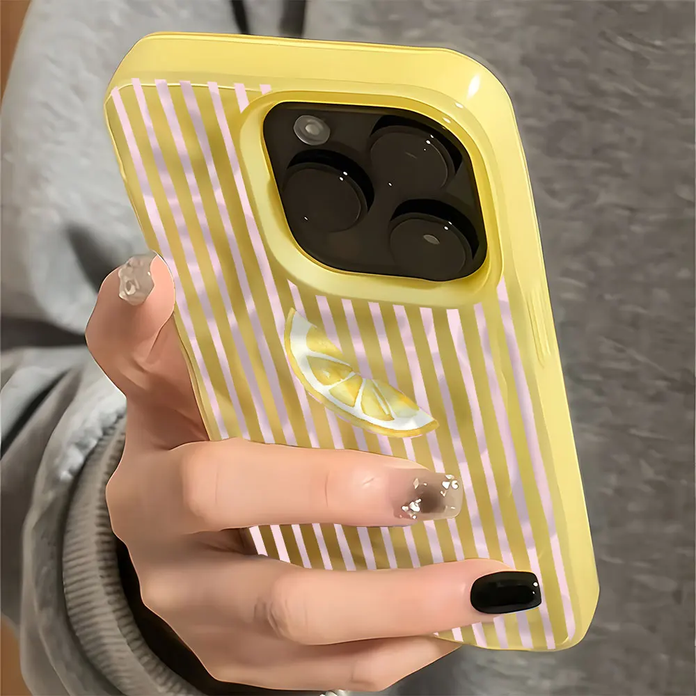 Cute Lemon Pattern Wave Texture Phone Case For iPhone 11 12 13 Pro 14 15 16 17 Pro Max 15 14 Plus Shockproof Soft Back Cover