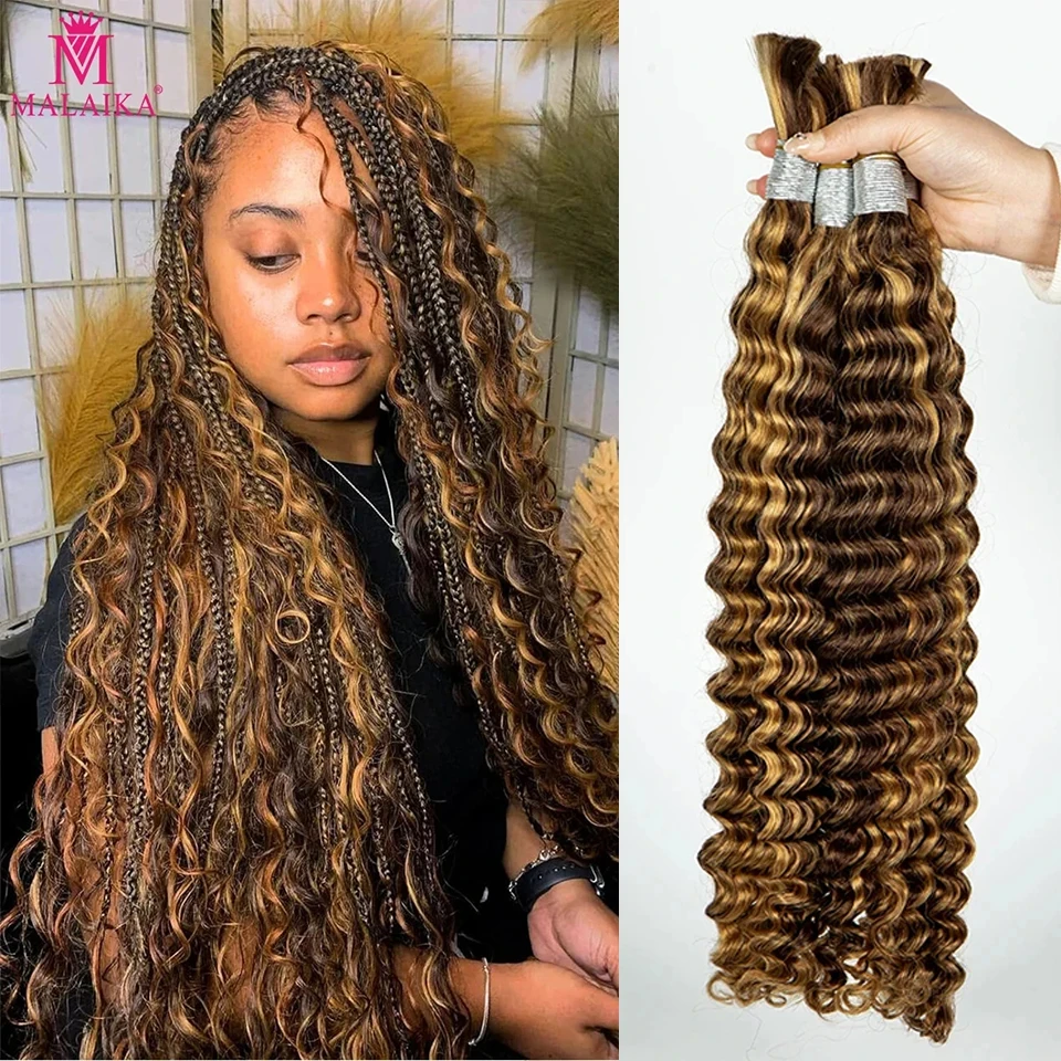 28 In 4/27 Color Deep Wave Bulk Human Hair for Braiding No Weft Virgin Hair Curly Human Braiding Hair Extensions for Boho Braids