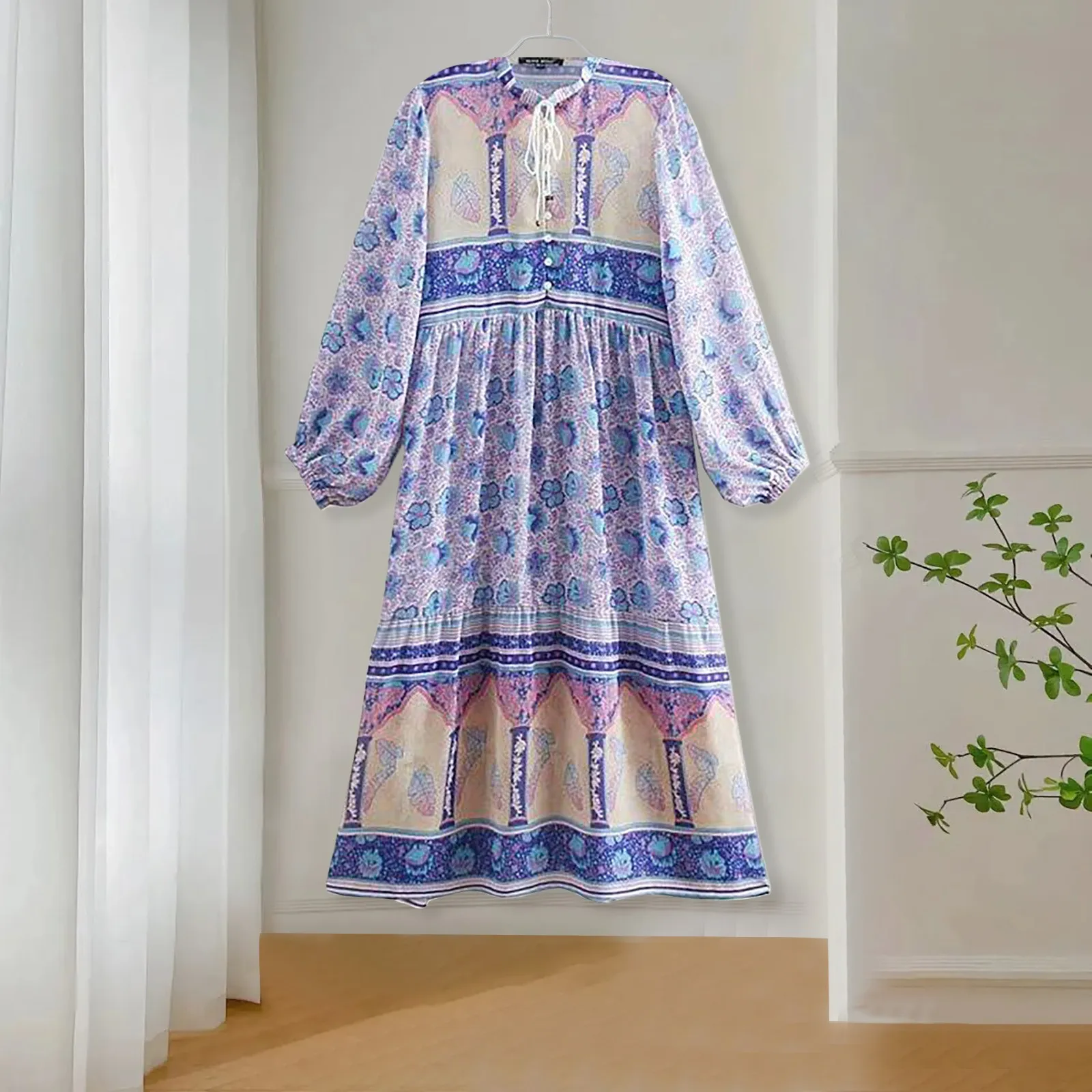 2024 Boho Contrast Color Flower Print Bandage Lacing up Collar Midi Dress Woman Fashion Elegant Long Sleeve Maxi Robe Holiday