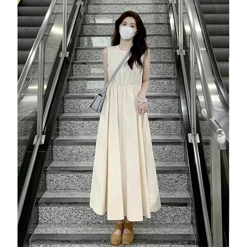 Women French Style Sleeveless  Maxi Dress Lady Elegant Concise  Ruched Dress Female  Beach Walk Casual  Dress