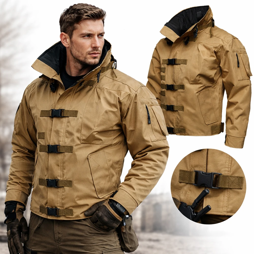 

Men Tactical Cargo Jacket Casual Waterproof Wear-resistant Bomber Jacket Durable Functional Outerwear for Riding Hiking Camping