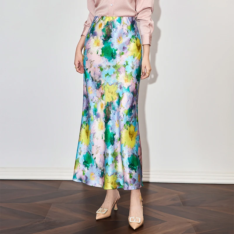 

Ретро-юбка трапециевидной формы с высокой талией и принтом маслом, праздничный стиль, тонкая длинная атласная юбка с уксусной кислотой для женщин