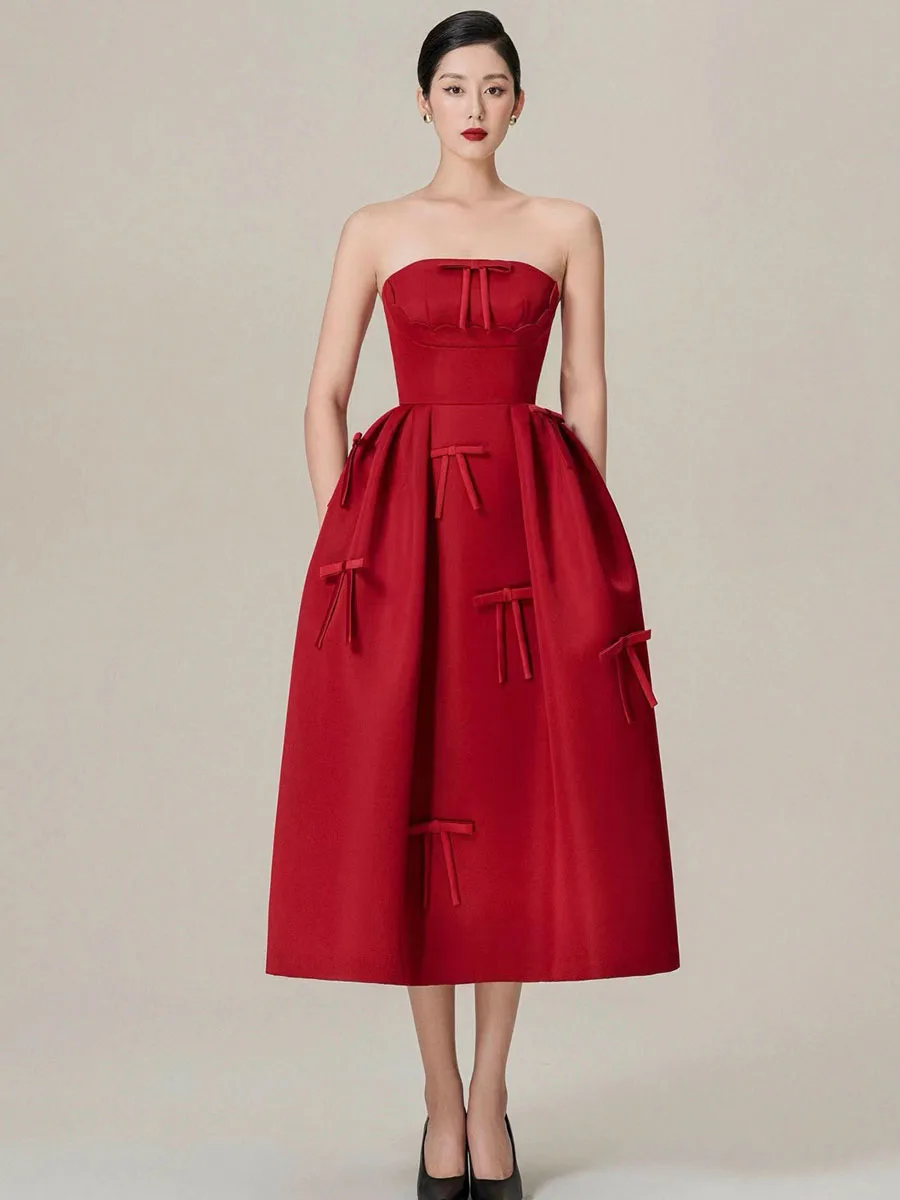 

Red Wine Color Bridesmaid Dress Slimming Waist High Waist A-Line Skirt Backless Mid-Length Evening Dress for Women