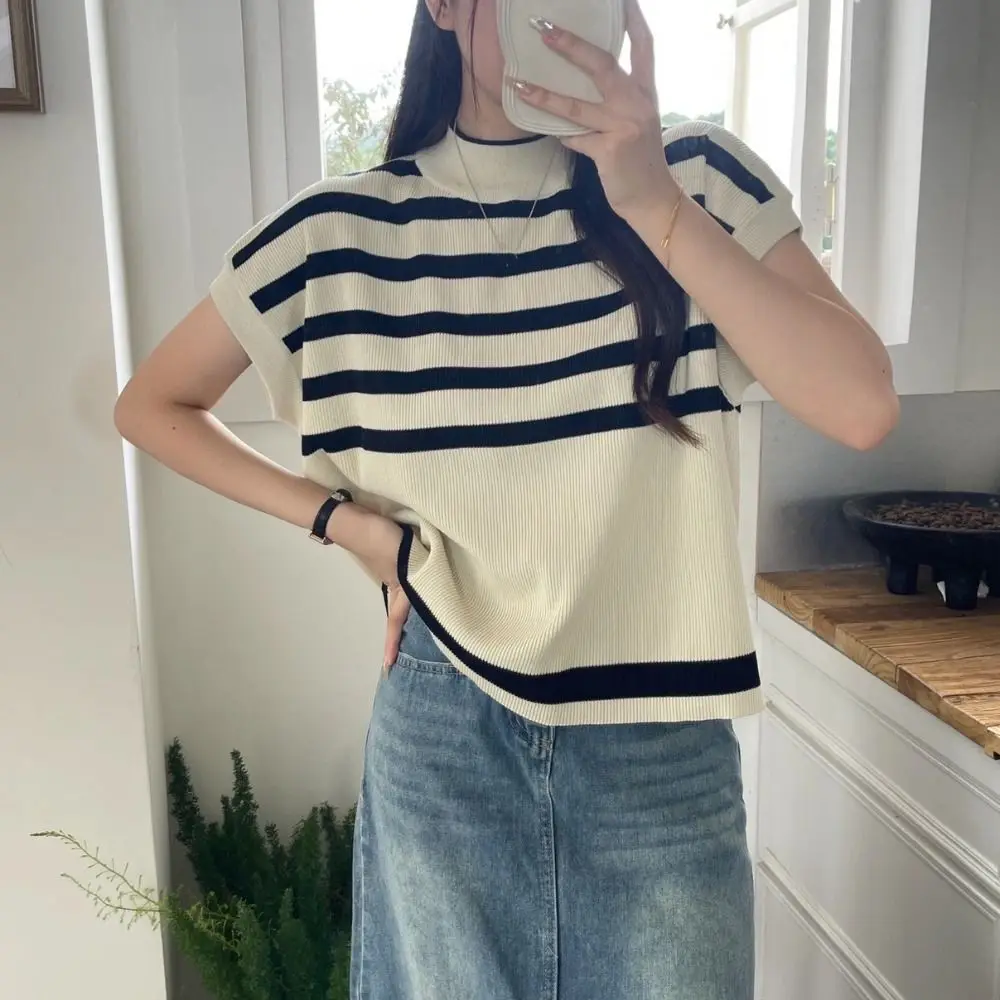 

Sweet Short Sleeve Knitwear Crop Top Loose Female Clothing Stripe Knitted T-shirt Ins Bottoming Shirt Casual Top Women Summer