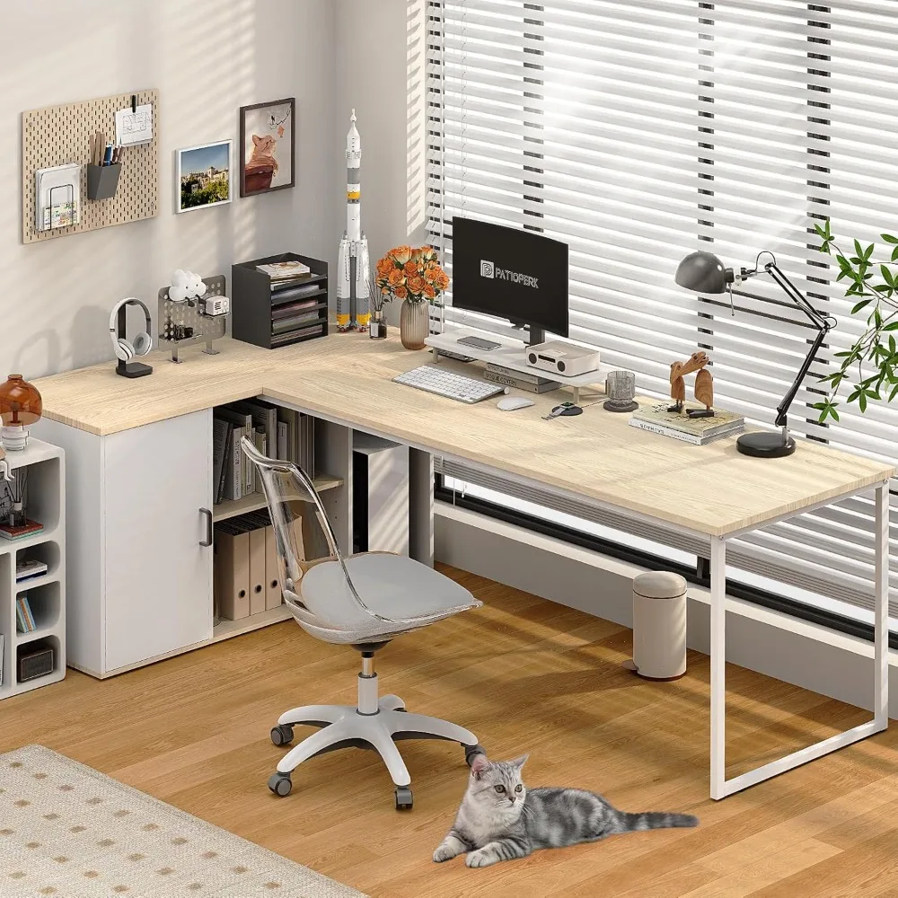 

71" L Shaped Executive Desk, Executive Office Desk with File Cabinet and Power Outlet, Large Computer Table with Shelves