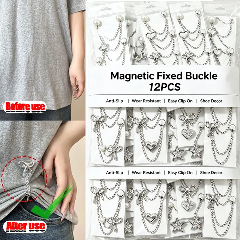 10pcs Multi-Function Magnetic Clothing Clips with Chain Metal Tassel Buttons Clip Roll Up Pants Alloy Change Shorts Trouser Legs