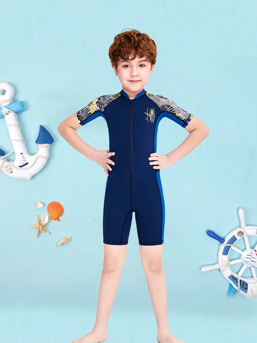 One-Piece Quick Drying Summer Boys Swimwear Children Swimsuits Kid Short Sleeve Sun Protection (including swimming caps)