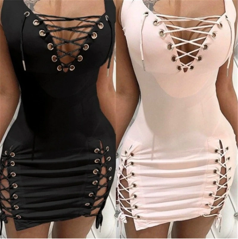 Womens Dresses 2025 New Summer Solid Color Deep V-neck Sexy Slim Fit Eyelet Lace Up Sleeveless Casual Daily Mini Dress - Detail 1
