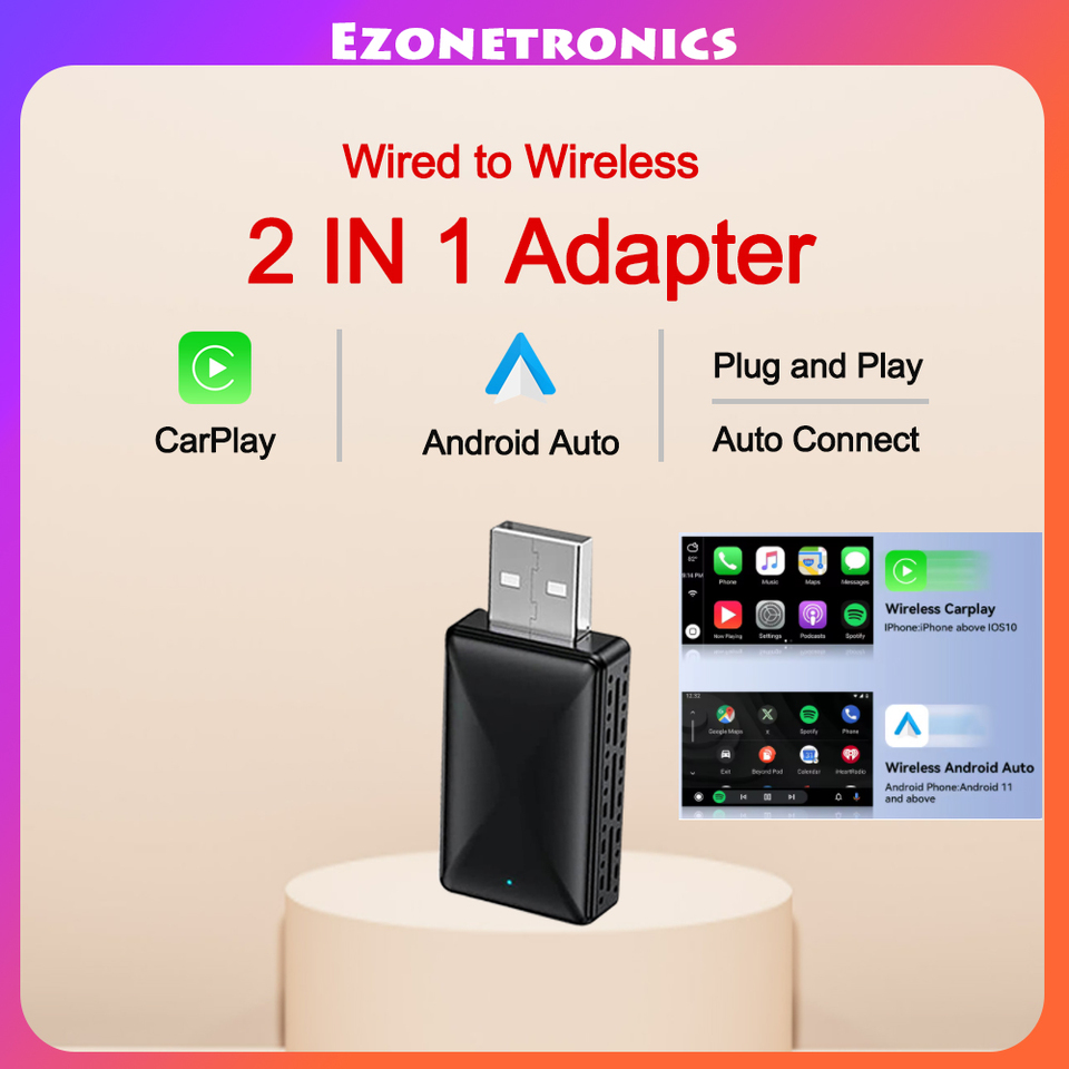 2in1 Wired to Wireless CarPlay Android Auto Adapter for OEM Car Stereo With USB Plug and Play 