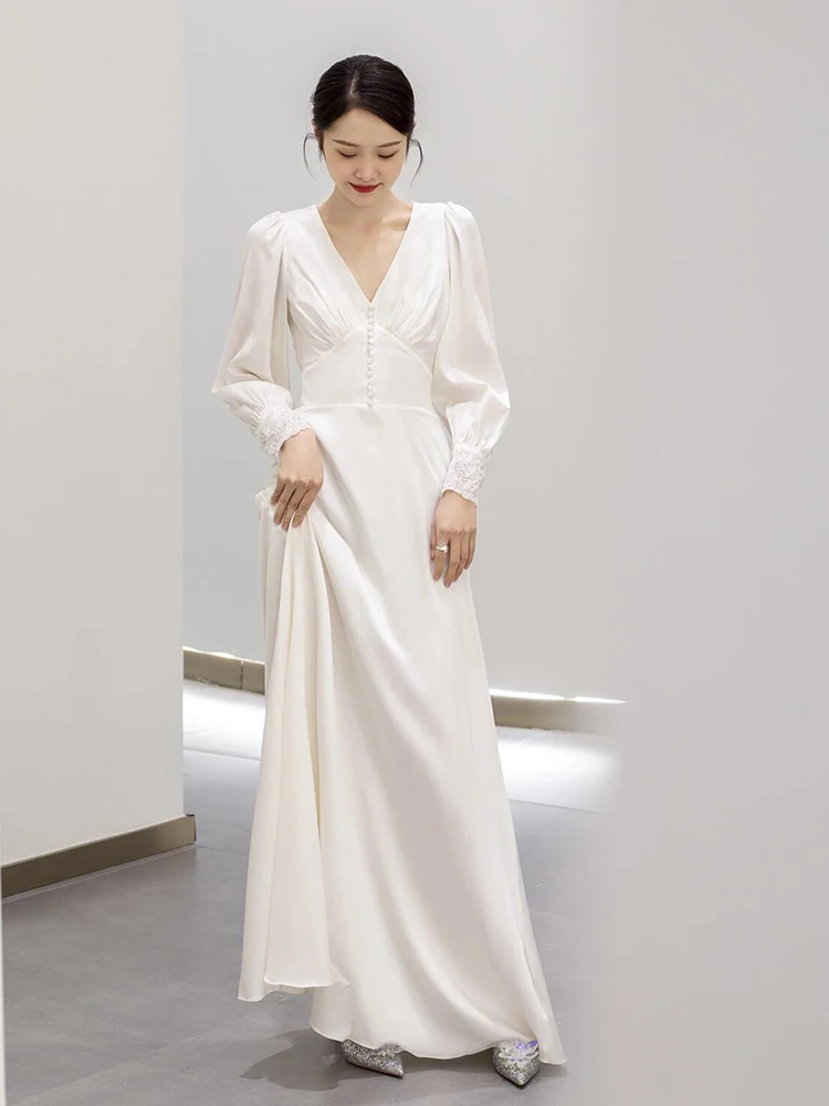 

Ele Satin Light Wedding Dr Long Sve Bridal Gown for Autumn Winter Simple Chic out Door Wedding Dr V Ne Floor L...