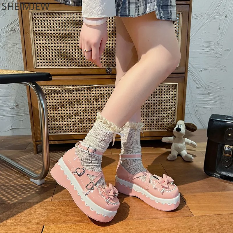 Mignon poupée Lolita bout rond nœud papillon mode Mary Jane chaussures simples fille amour plate-forme chaussures en cuir Cosplay coréen chaussures plates
