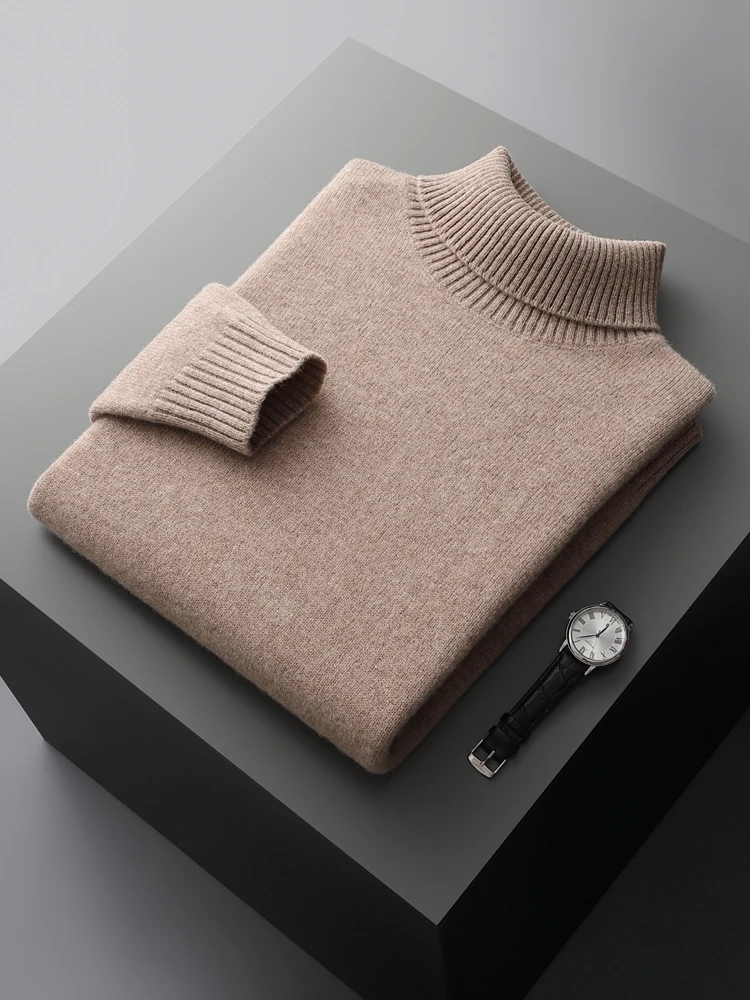 Autumn Winter Men Wool Turtleneck Pullover Long Sleeve Basic Cashmere Sweater 100% Merino Wool Knitwear Smart Casual Clothing