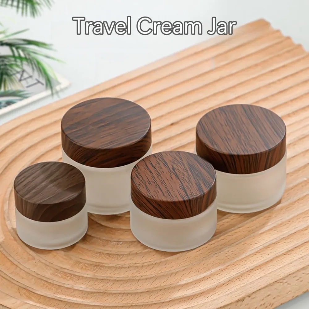 Frosted Glass Cream Jar 5/10/15/20/30/50/100g Dark Wood Grain Lid Cosmetic Sample Dispenser Screw Cap Empty Container for Travel