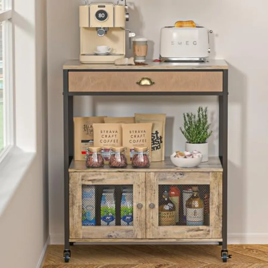 

Large Coffee Bar Cabinet 3 Tiers Kitchen Coffee Cart with Drawer for The Home Movable Farmhouse Station Table on Wheels for Liv