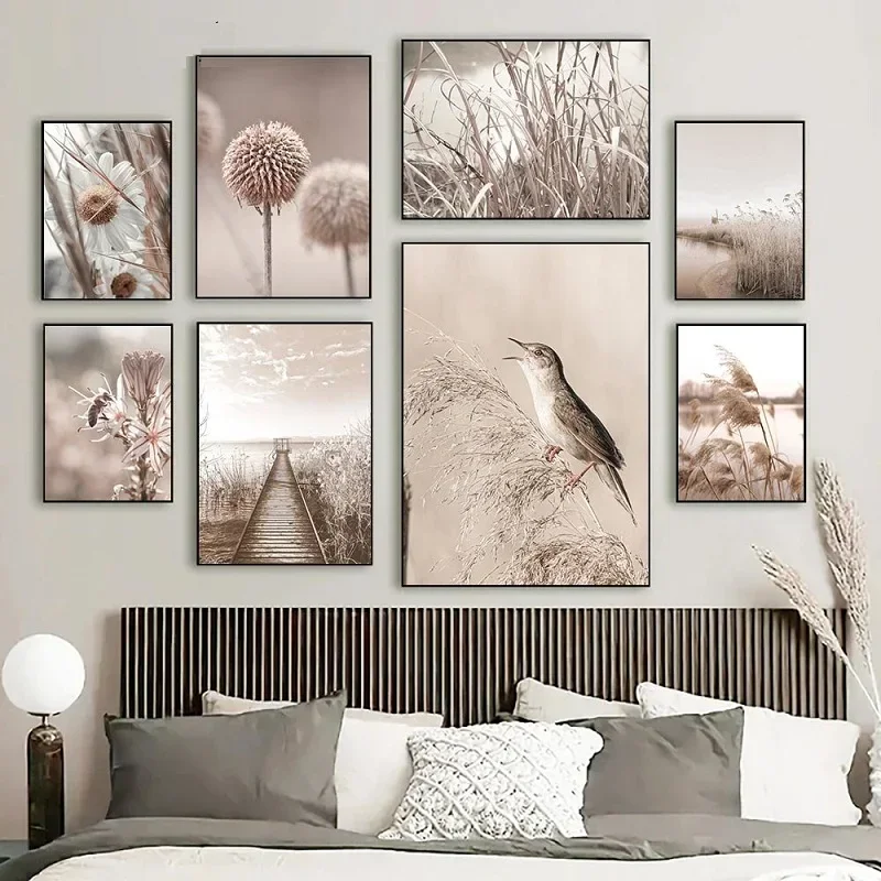 1PC Frameless Nordic Beige Landscape Art Reed Hay Poster Bridge Bird Consumption Ox Fox Poster Print Wall Art Pictures Canvas Pa