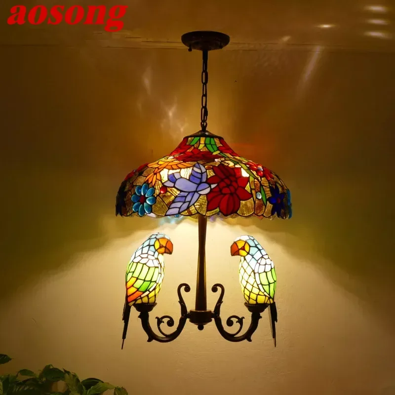 AOSONG Tiffany Parrot Chandelier Vintage Creative Color Glass Living Room restaurant Bedroom Hotel Corridor Pendant Lamp