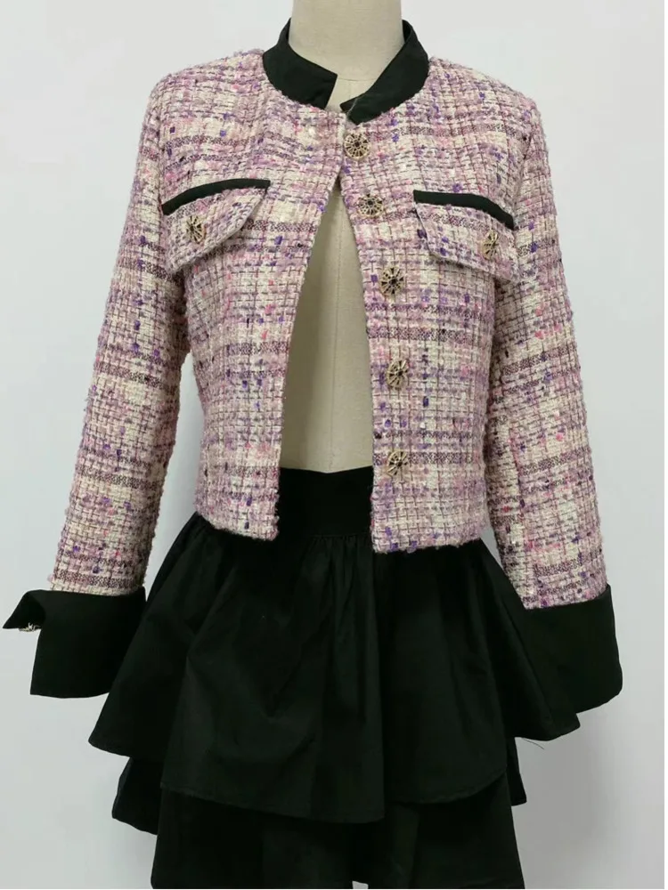 Jaqueta elegante Tweed de tecelagem feminina, blusa curta rosa de alta qualidade, manga comprida, casual para festa, gola com gola, senhora do escritório, moda