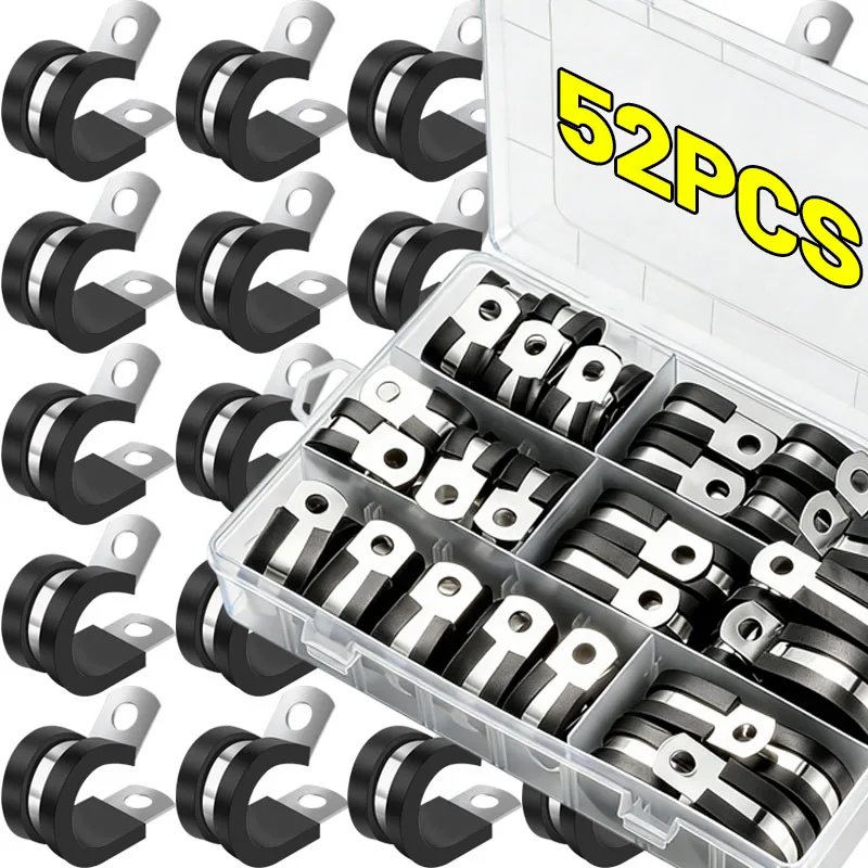 

52 шт. 6-19 мм, зажимы P из нержавеющей стали с резиновой подкладкой, зажимы для труб R-типа для монтажа труб, зажим для шланга, фиксированные крепежные зажимы, кронштейн