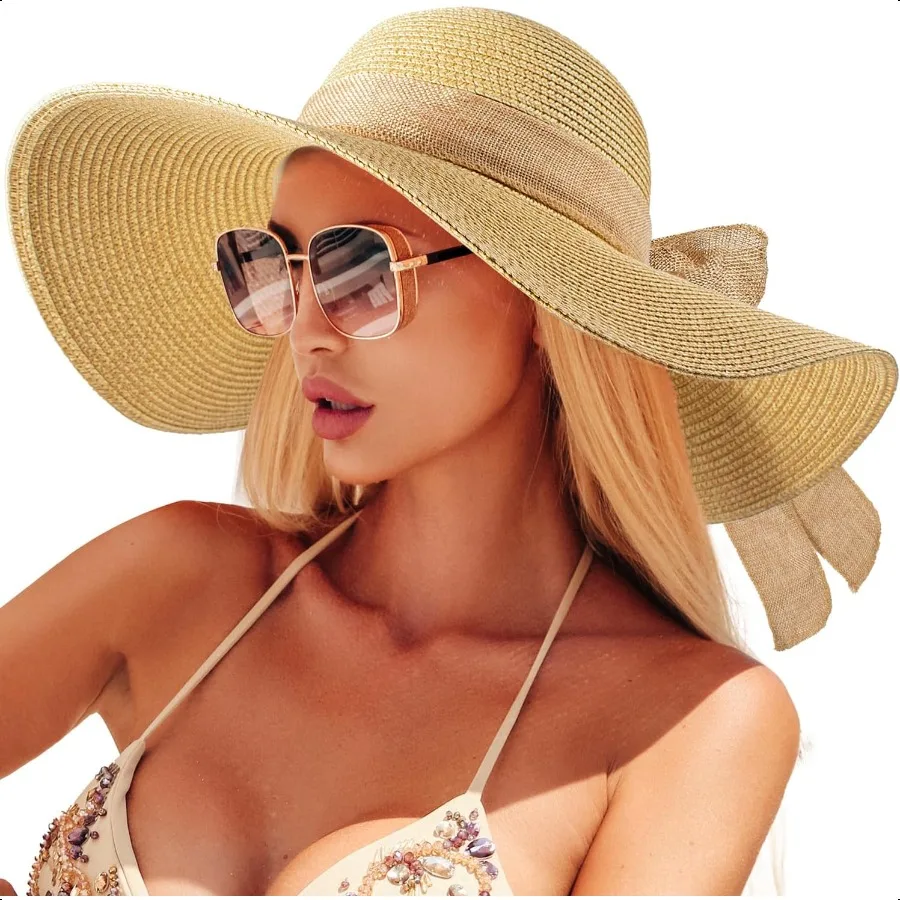 

Beach Hats for Women Straw Sun Hat with Wide Brim Summer Floppy Beach Hats for Women Packable Floppy Straw Garden Hat