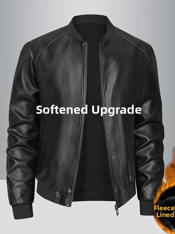 Haining Soft Leather Biker Jacket Men's Stand Collar Thickened Slim Fit Casual Stylish Fleece Lined Leather Coat