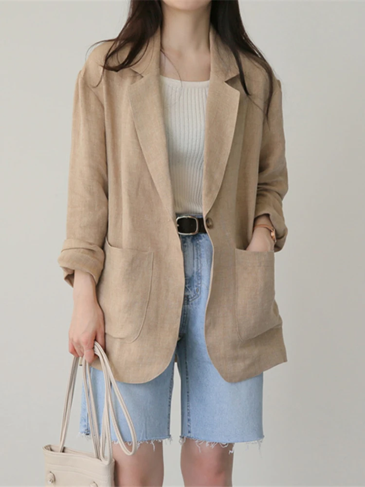 Women\'s Spring and Autumn Suit Jacket Office Commuter Thin Linen Single Button Casual Loose Cotton Linen Small Suit Jacket Women