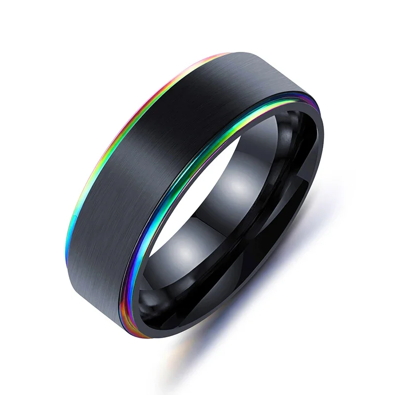 Nieuwe Klassieke 8Mm Regenboog Kleurrijke Titanium Stalen Ring Zwart Geborsteld Wedding Band Mannen Ring