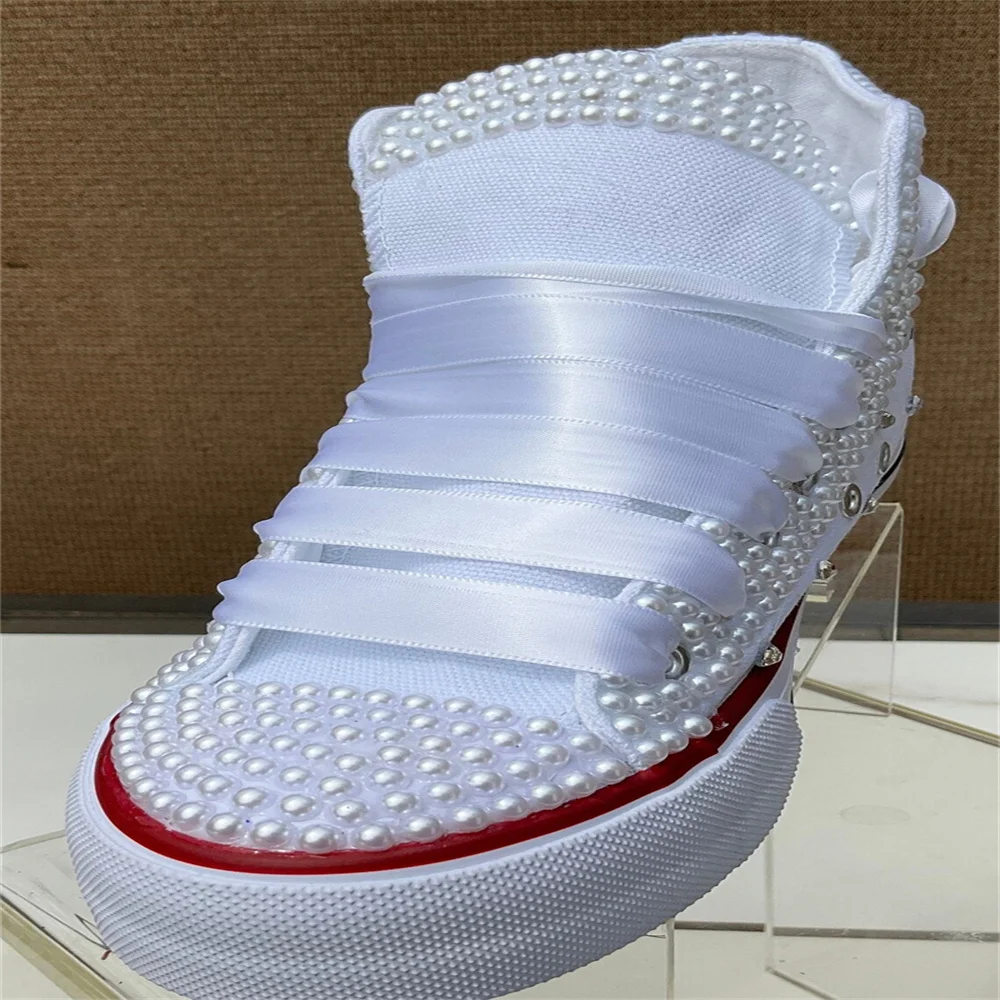 White high top pearl rhinestones ribbon custom style canvas shoes integrated sports casual shoes women\'s shoes 35-44