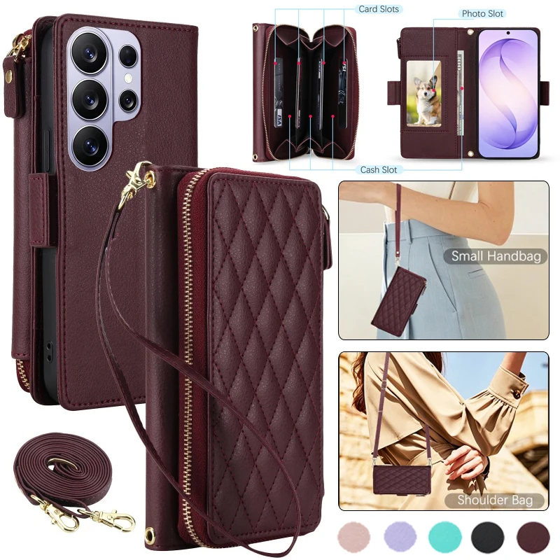 Accordion Cards Leather Wallet Phone Case for Samsung Galaxy S26 Ultra S25 Plus S24 FE S23 A57 A37 A17 A56 A36 A16 Lanyard Cover