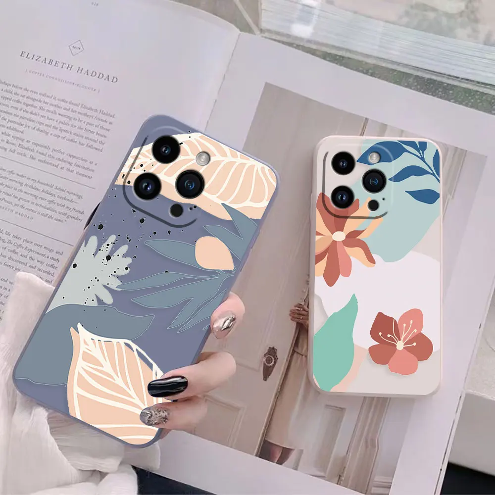 Art Painting Of Flowers Leaves Case For Apple iPhone 14 13 12 11 Pro XS Max Mini X XR SE 7 8 6 15 Plus Colour Liquid Case Funda