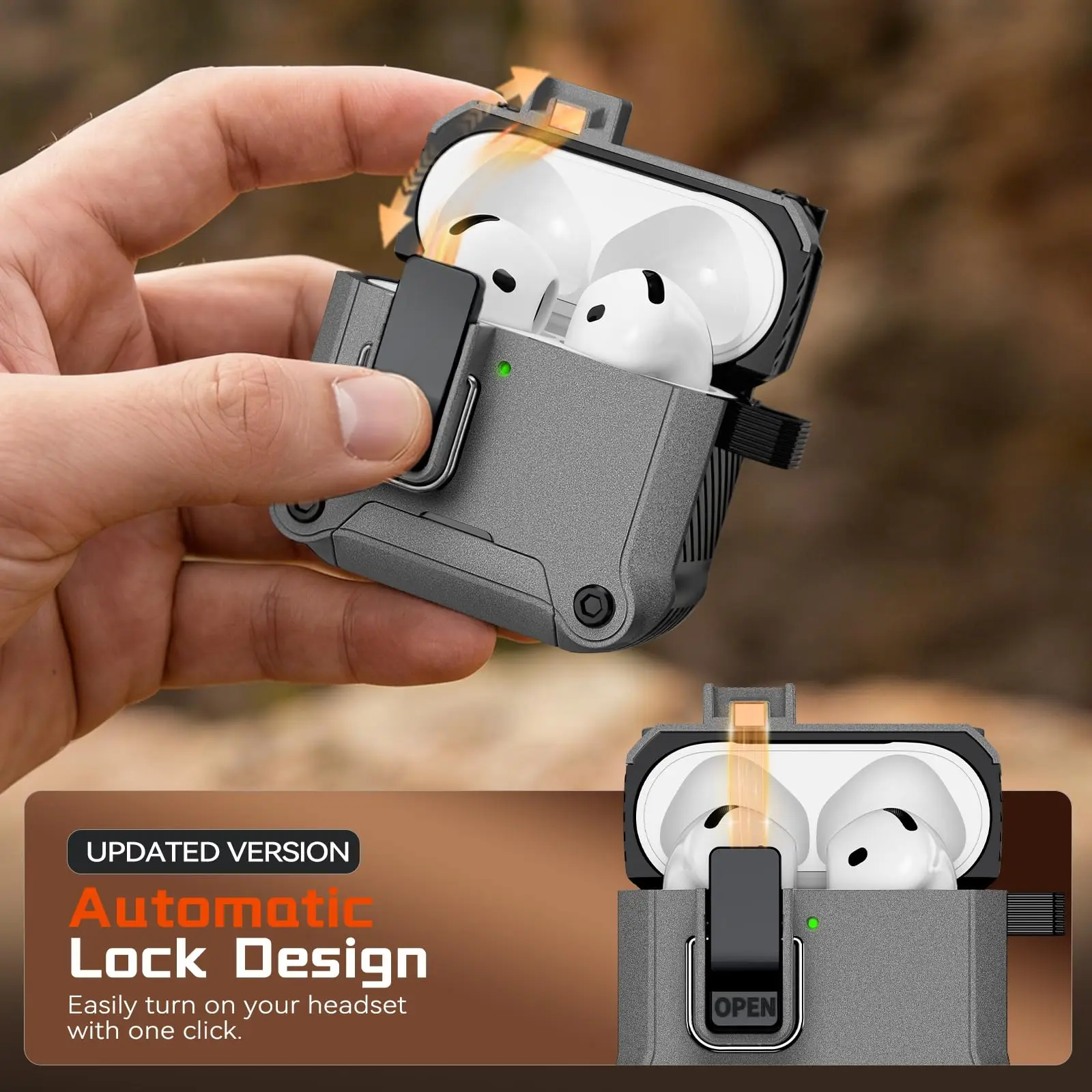 2026 For AirPods 4 Case Sand Stone Rugged Hard Shell One-click Open Secure Lock Case Wireless Headphone Case for Airpods 4 Pro3