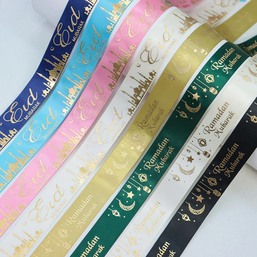 16mm 25mm Gold Foil Eid Mubarak Ramadan Mubarak Printed Satin Ribbon For Muslim Ramadan Festival Al-Fitr Party Decoration