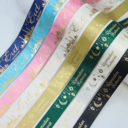 16mm 25mm Gold Foil Eid Mubarak Ramadan Mubarak Printed Satin Ribbon For Muslim Ramadan Festival Al-Fitr Party DIY Decoration