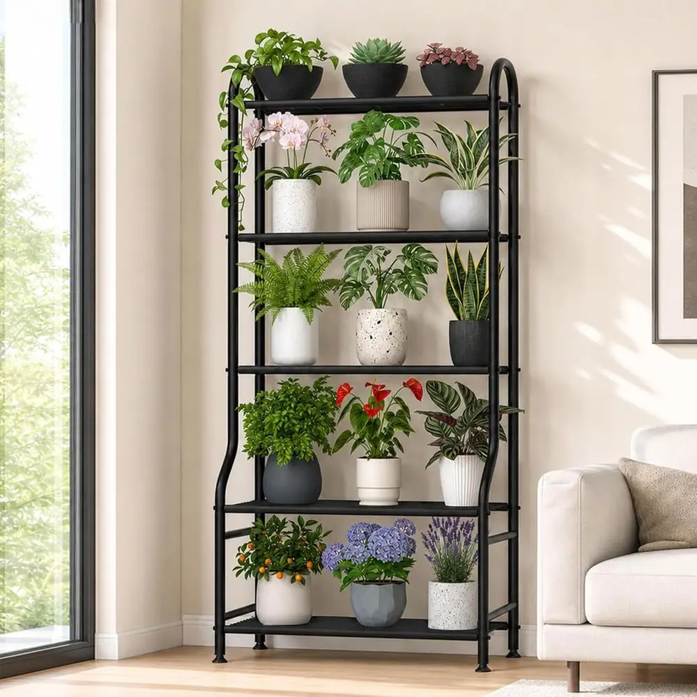 5-Tier Metal Plant Stand - Heavy Duty Indoor Outdoor Lower Shelf for Multiple Pots, 65 Tall Veal Holder with Adjustable Leveling
