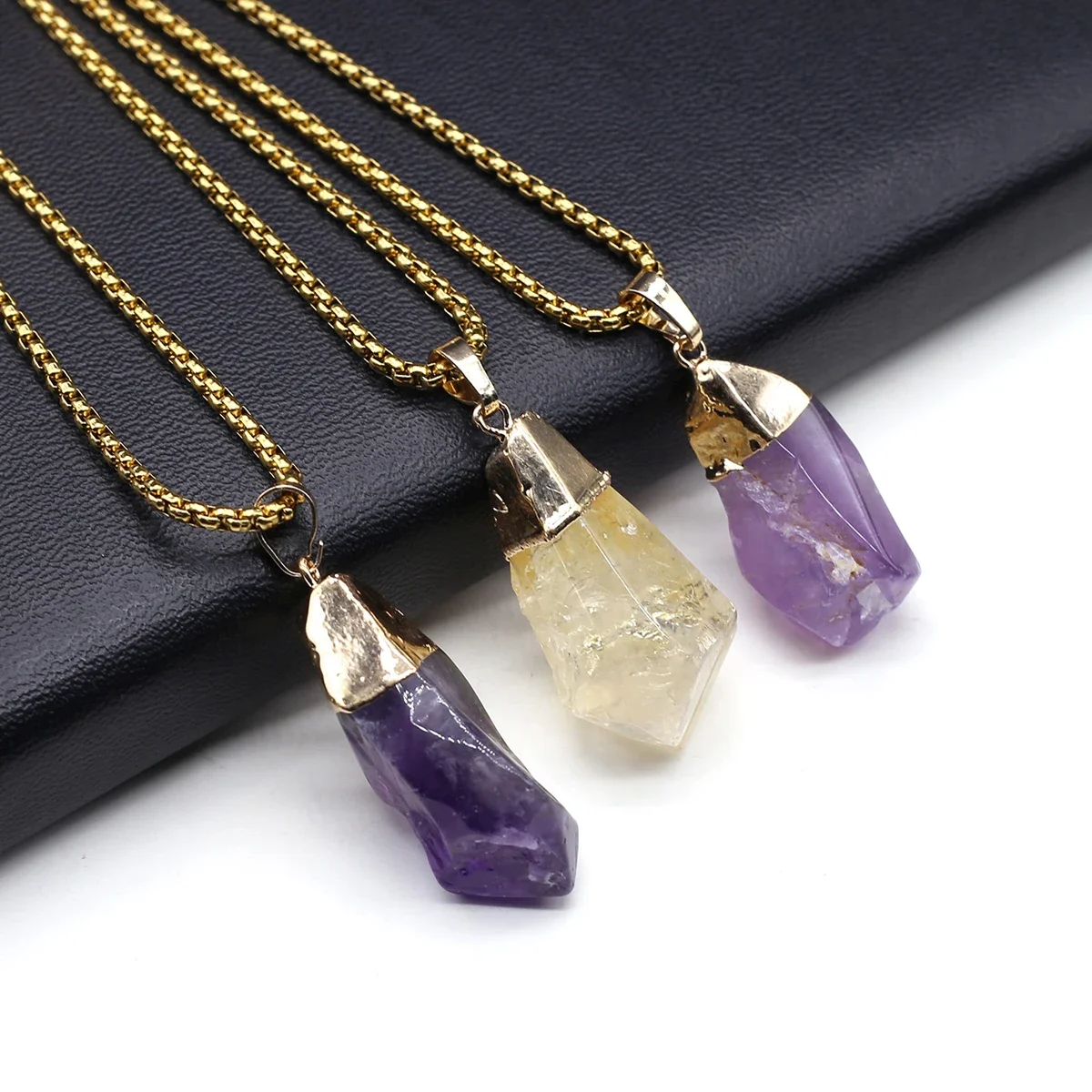 Fashion Natural Irregular Rough Quartz Crystal Energy Charms Amethysts Citrine Pendant Necklace Jewelry Accessories Gift