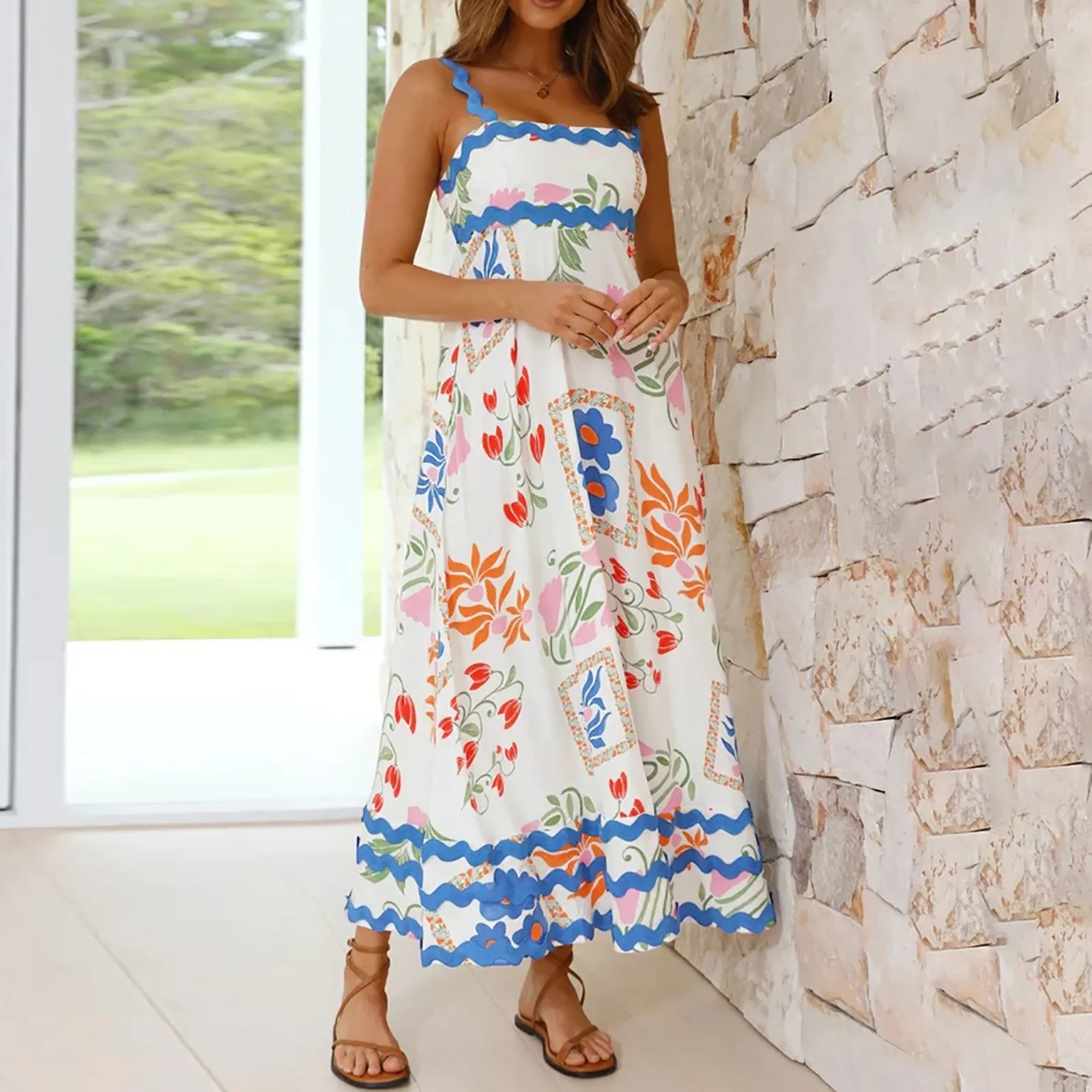 

Bohemian Summer Printed A-line Long Dress Sexy Backless Holiday Beach Spaghetti Strap Dresses For Women Maxi Vestidos Para Mujer