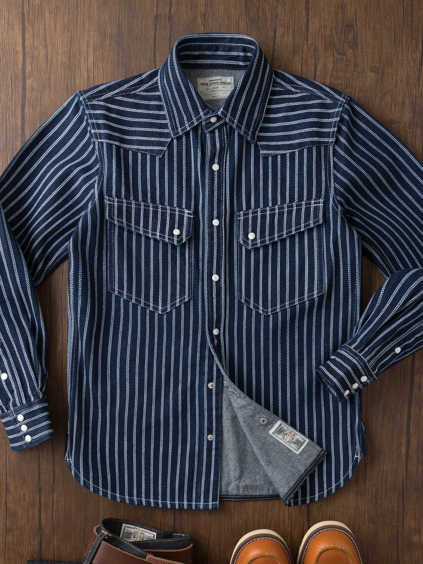 Heavyweight American Retro Workwear Wabash Stripe Western Cowboy Long Sleeve Men's Shirt Autumn Wear Resistant Cotton Denim