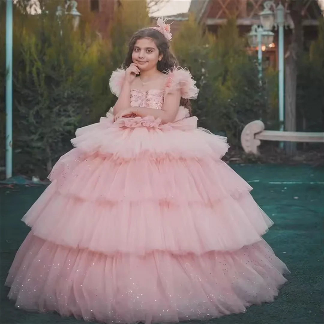 

Customized Sparkling Custom Pink Flower Girl Dress Tulle Sequins Puffy For Wedding Princess Child First Eucharistic Birthday