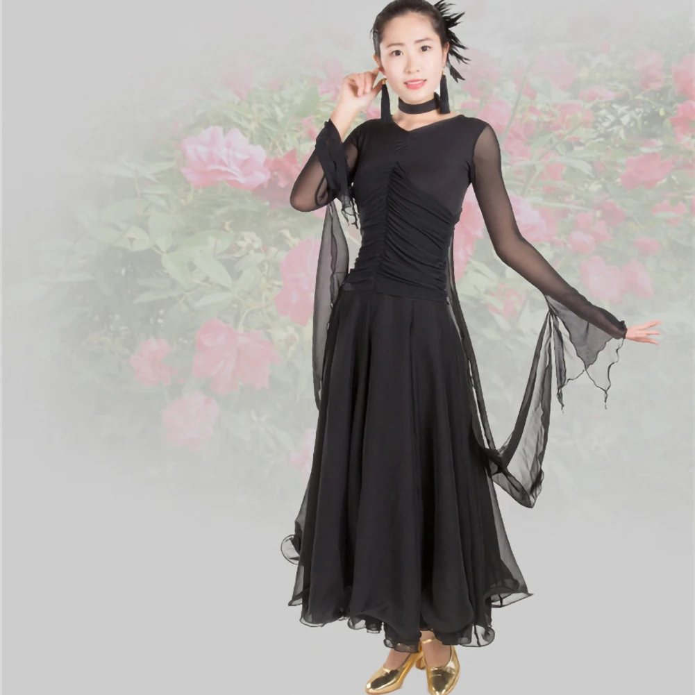 Gesellschaftstanzkleid Schwarz Rose Rot Standard-Wettkampfkleid V-Ausschnitt Band Mesh Langarm Übungstanzkostüm