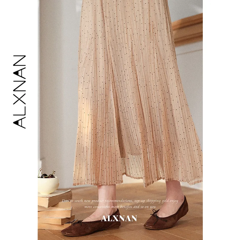ALXNAN Black Polka Dot Apricot Skirt Elastic High Waist Pleated A-line Hem Skirts Elegant Casual Female Bottom 2026 New L67618