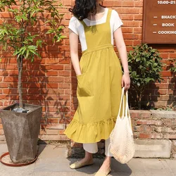 New Yellow Stain-resistant Cotton Ruffled Apron with Pockets Women's Wrinkle Beauty Aprons Smock for Kitchen Coffee Shop Garden