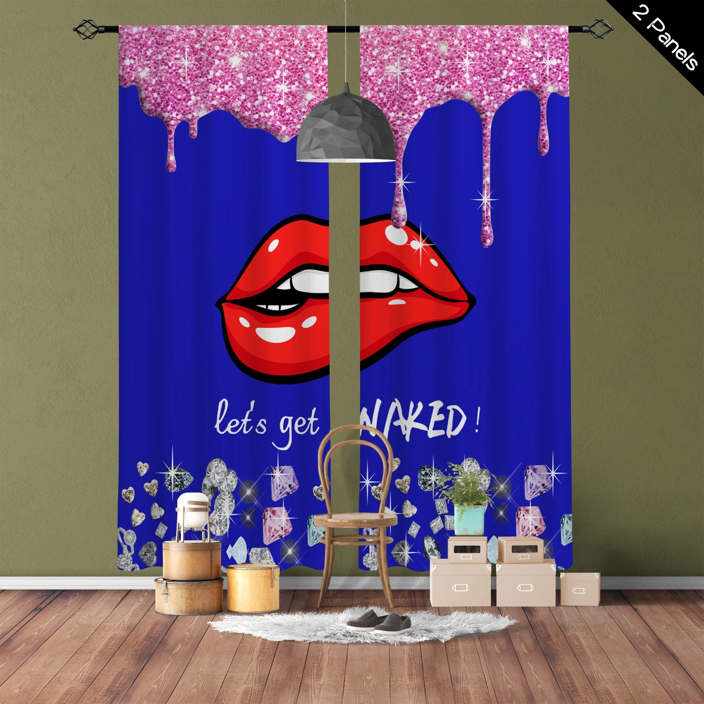 2pcs Sexy Red Lips Printed Translucent CurtainsRod Pocket Decor Curtains For Living Room Playroom Bedroom Decor Windows Blinds