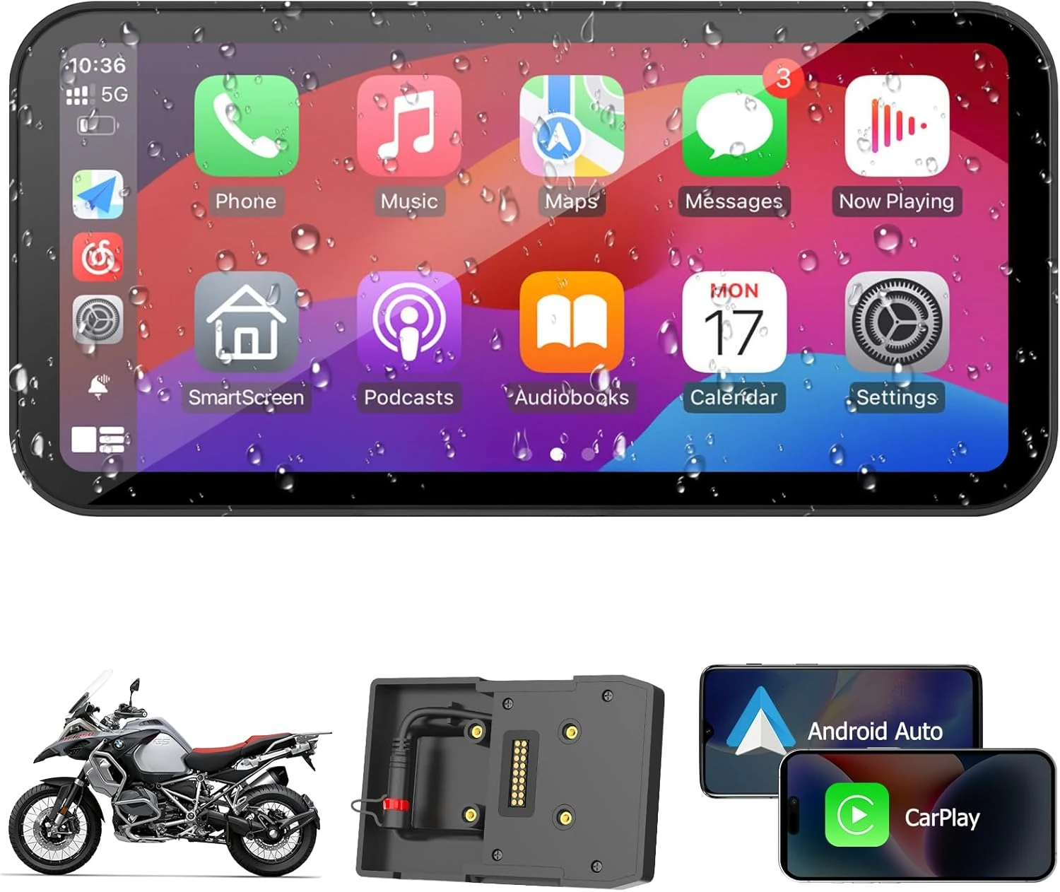 W603B Motorcycle Carplay Screen for BMW R1200GS R1250GS S1000XR Motorcycle, 6.3 inch Waterproof Touchscreen, Portable