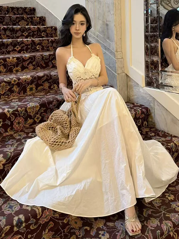 Ele White Lace ter Dr Fairy Sommer-Ballkleid, Strand-Stil, langer Rock, französischer Stil, hohe Taille, A-Linie, Silhouette