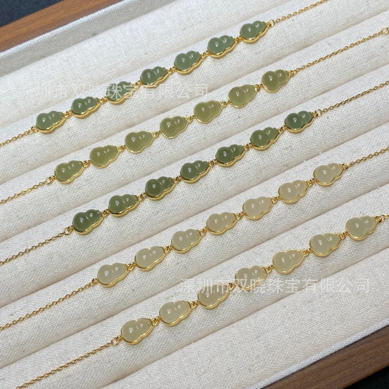 

Natural Qinghai Material Qing Shui Hetian Jade Gourd Bracelet S925 Silver Inlaid Design