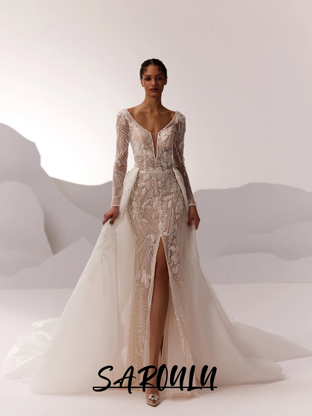 

Beautiful Appliques Chic 2 in 1 Wedding Dress, Beaded Opulent Dazzling Bridal Gown, Customized, Sexy Front Slit Low Back Dresses